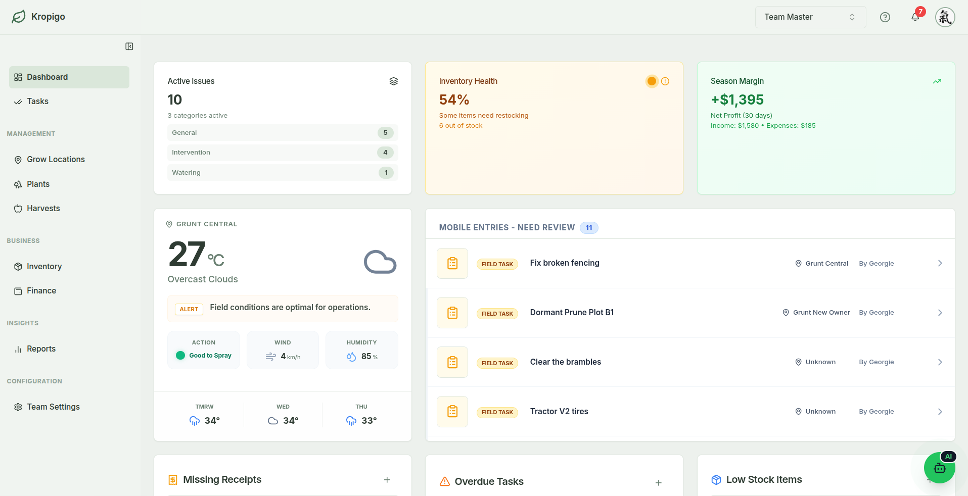 Kropigo Dashboard on Desktop
